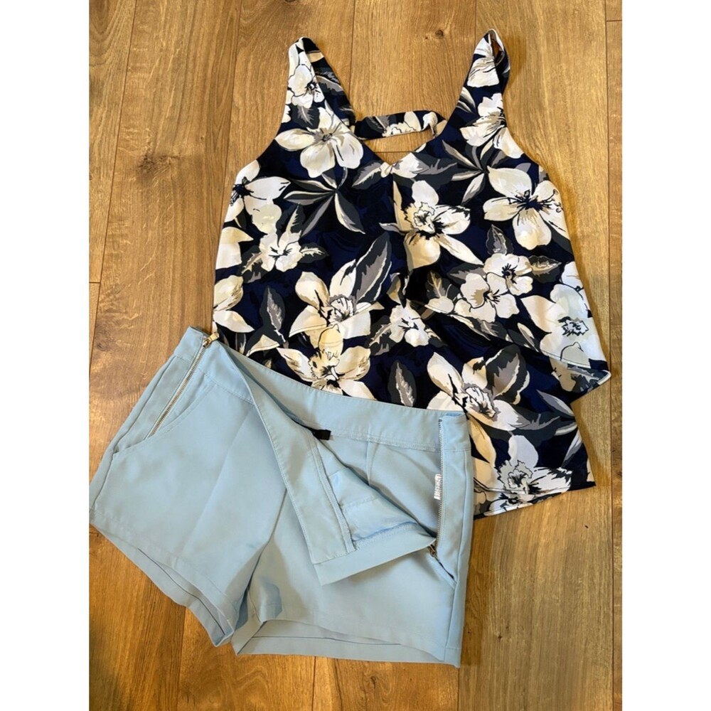 Belle Sky Navy Floral Top with F21 Light Blue Shorts Set